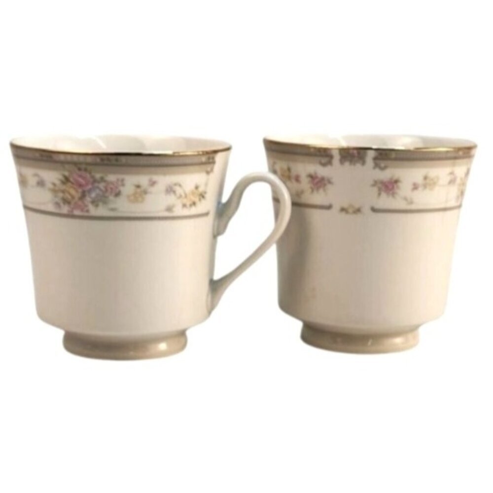 Vintage Farberware Southampton Floral Bone China Mugs Gold Trim Set of 2